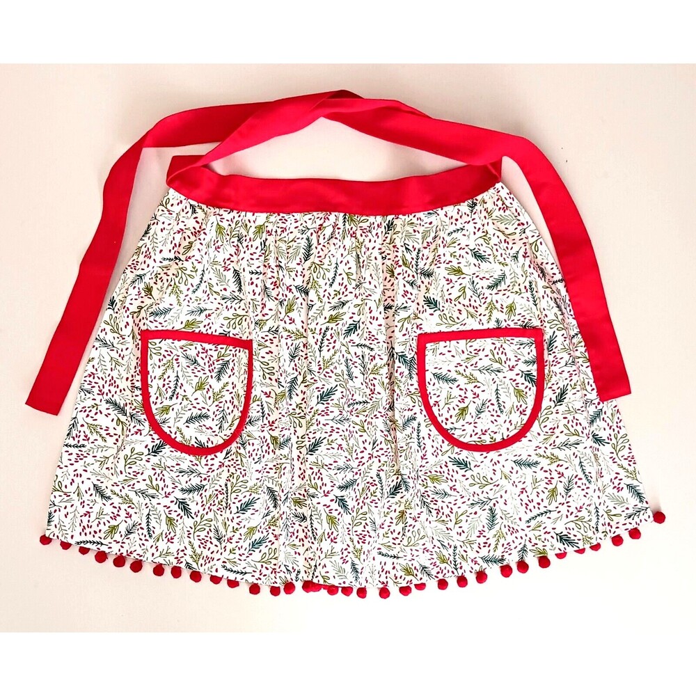 NEW Crate & Barrel Christmas Tie Back Apron Red Pom Pom Patch Pockets